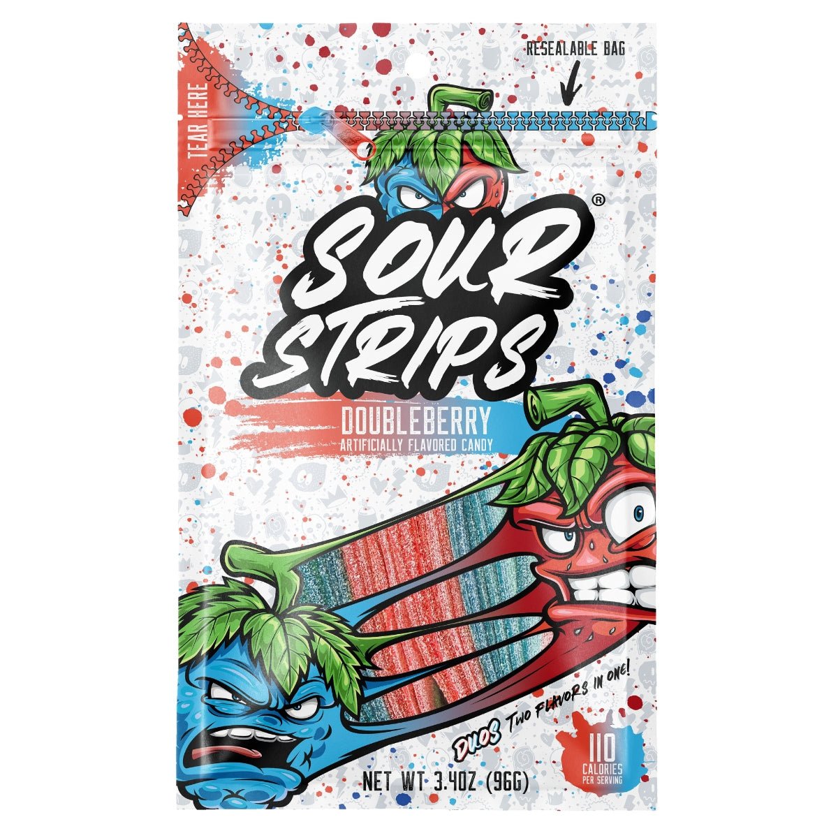 Front of Sour Strips bag showing the logo, Double Berry flavour, and bright, fun design with two colours (96g pack)