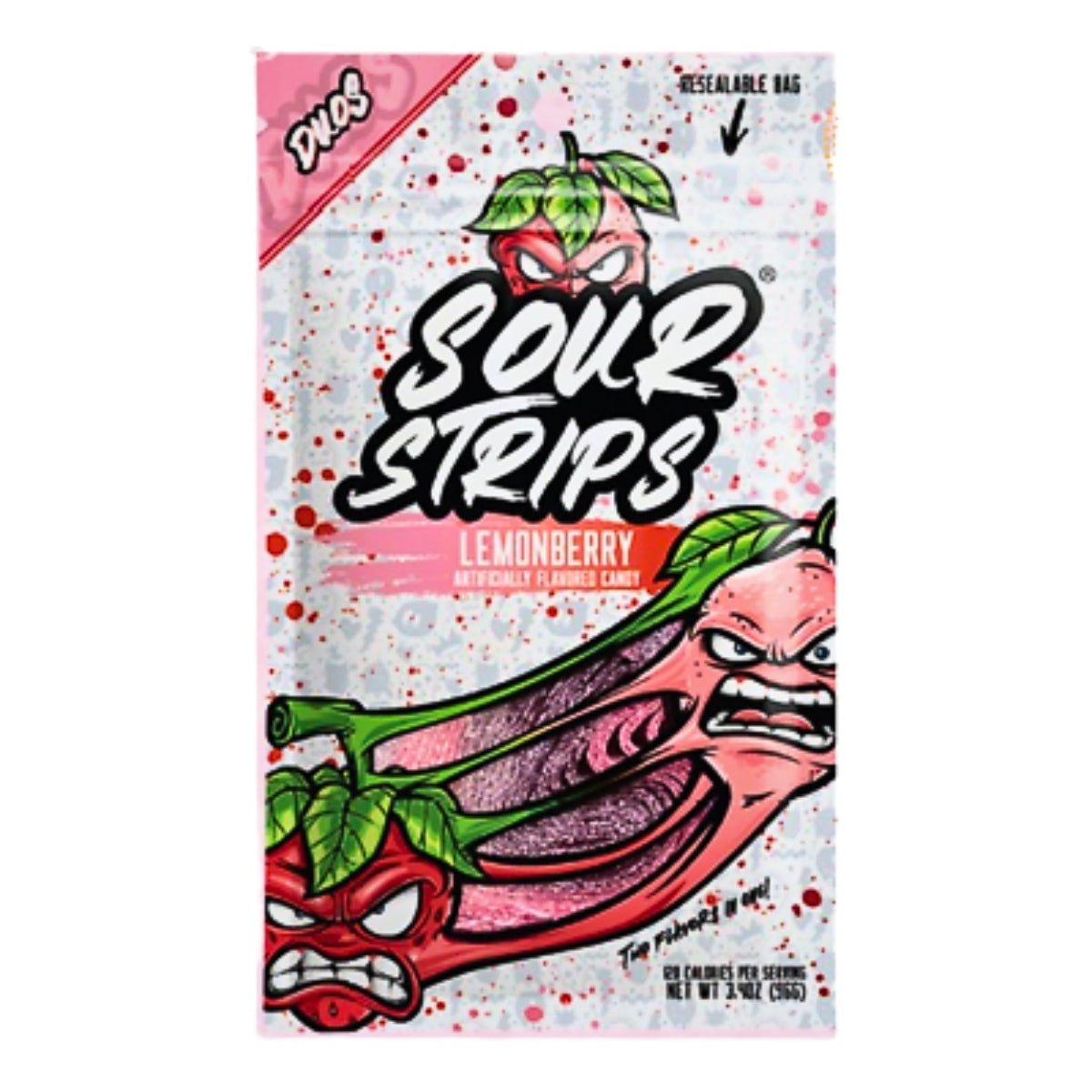 Front of Sour Strips Duos Lemon Berry pack showing vibrant graphics, sour strips, and the label (96g pack)