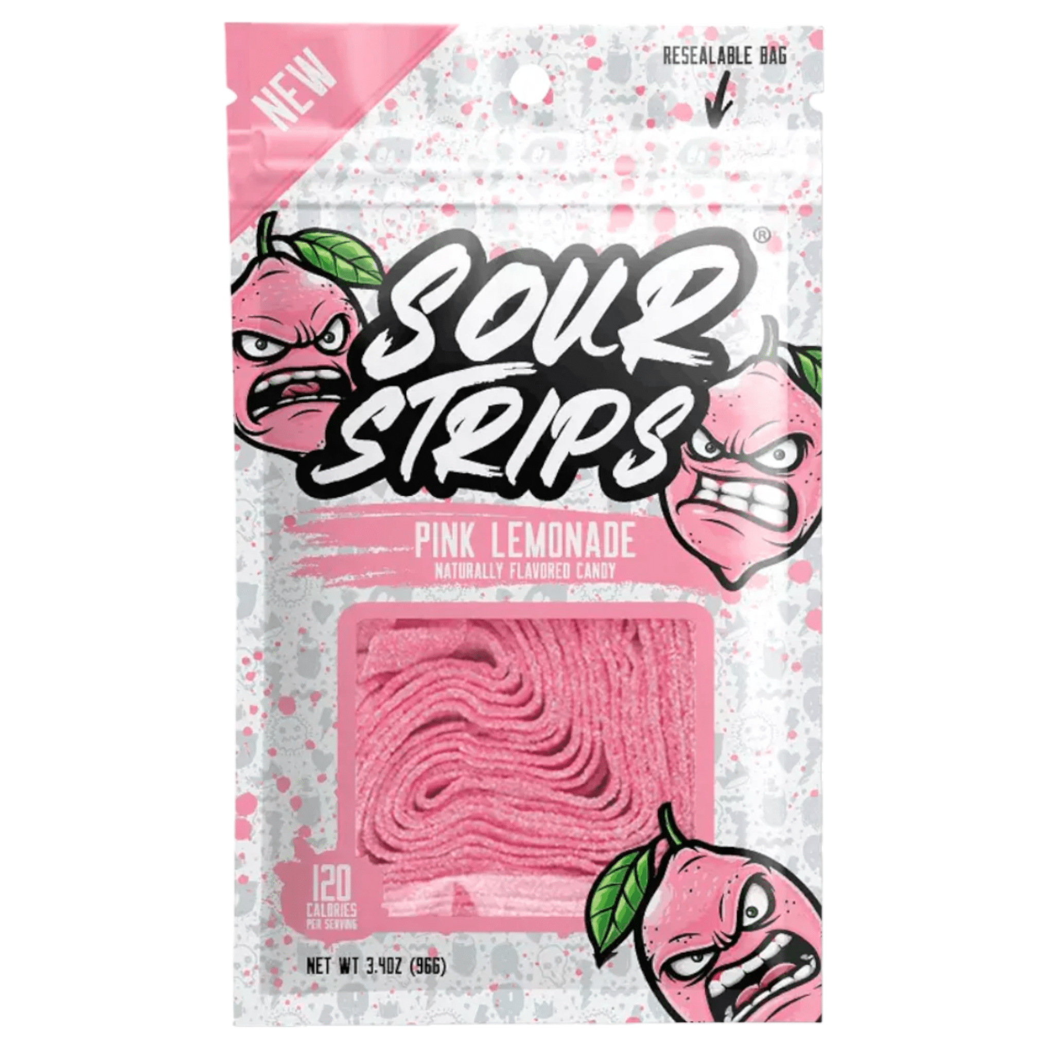 Front of Sour Strips Pink Lemonade bag displaying the brand logo, pink lemonade flavour, and 96g packaging.
