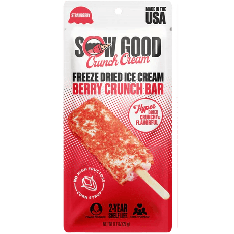 Front of Sow Good Freeze Dried Berry Crunch Bar package showcasing the brand logo, berry flavor, and the 20g size with a fun, vibrant design.