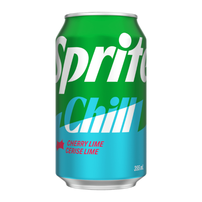 Front of Sprite Chill Cherry & Lime can showing vibrant green and blue design, with flavour details and 355ml pack size