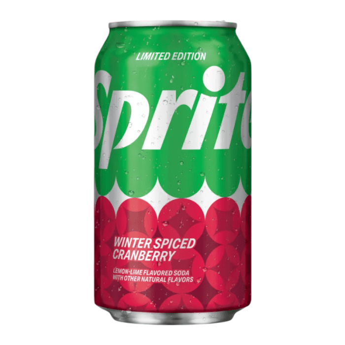 Front of Sprite Winter Spiced Cranberry can showing logo, winter spiced cranberry flavour, and festive design (355ml)