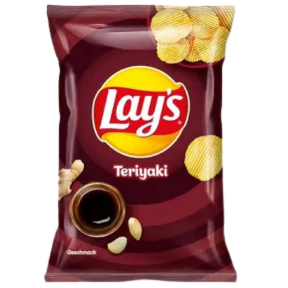 Front of Lay's Teriyaki bag featuring the Lay's logo, teriyaki flavour label, and images of potato chips (150g pack)