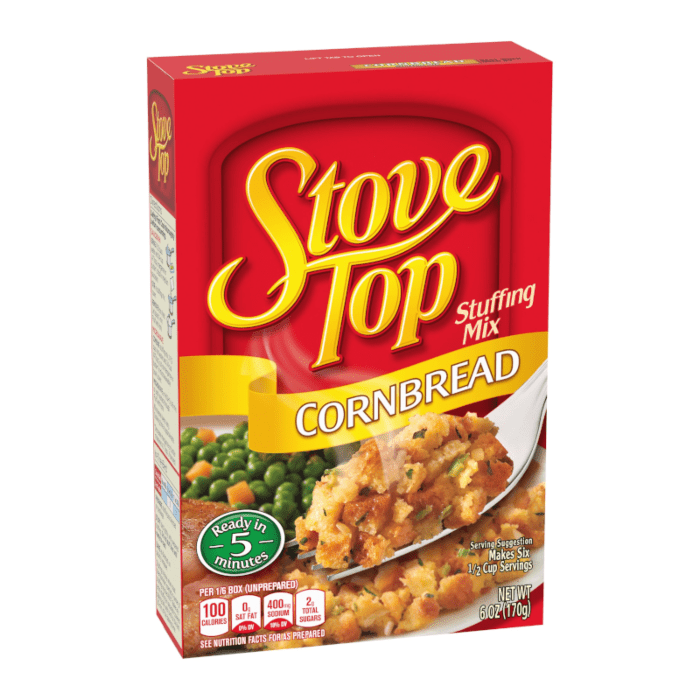 Front of Stove Top Corn Bread Stuffing Mix box featuring logo, cornbread stuffing mix image, and ready in 5 minutes label (170g pack)