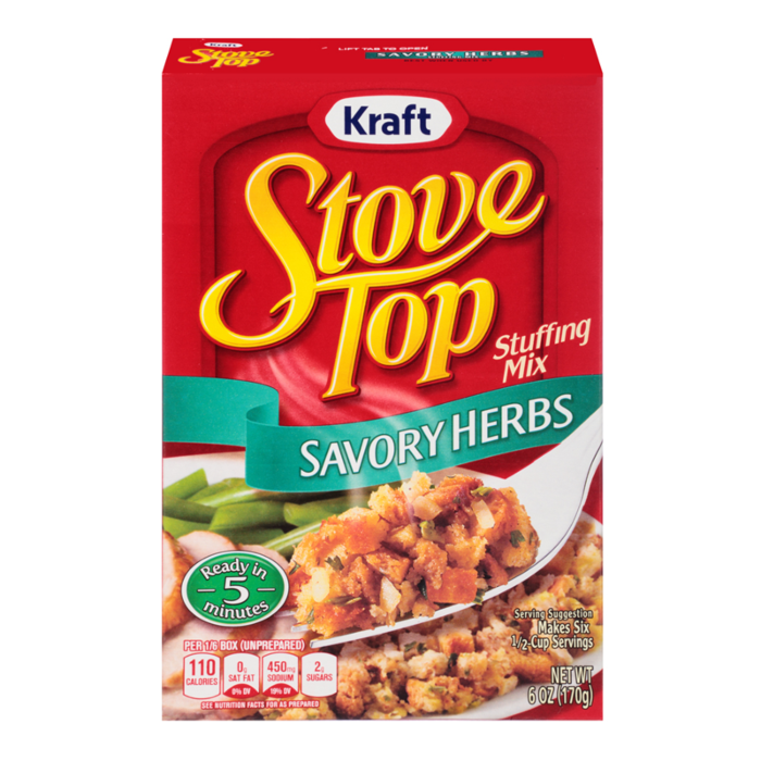 Front of Stove Top Savory Herbs Stuffing Mix box featuring the bold logo, herbs flavour label, and serving suggestion image (170g pack)