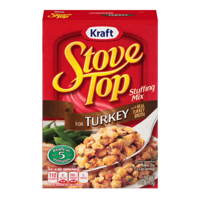 Front of Stove Top Turkey Stuffing Mix box showing logo, turkey flavour, and prepared stuffing image (170g pack)