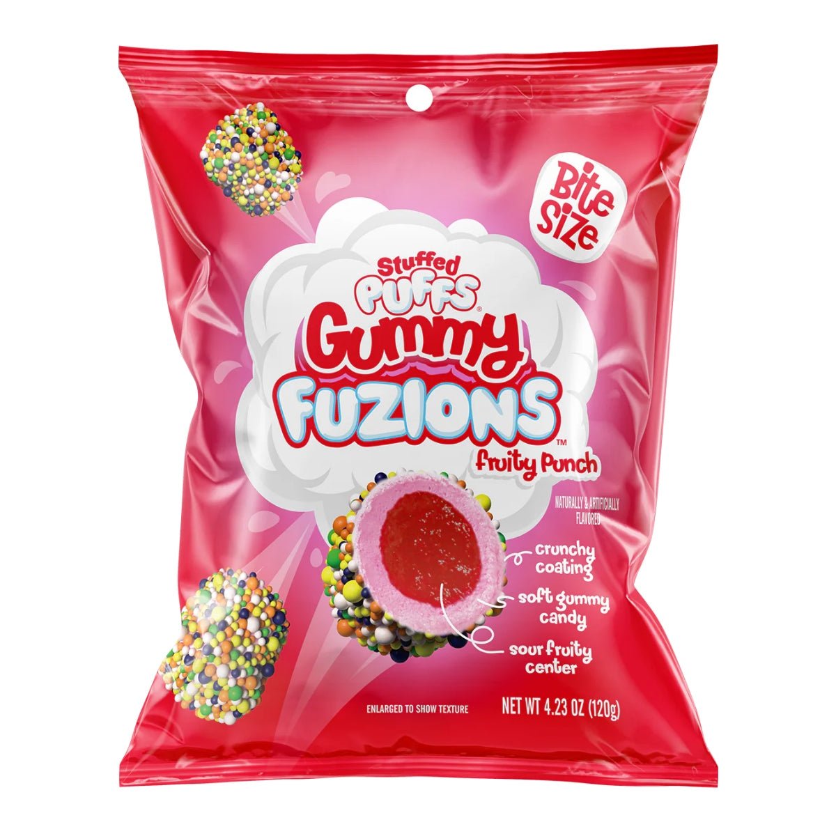 Front of a red bag of Stuffed Puffs Fruity Punch (123g) showing the logo, fruity punch flavour, and descriptions of the crunchy coating and soft gummy candy.