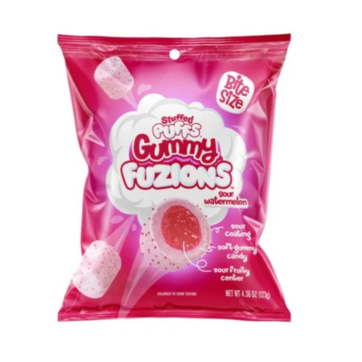 Front of a pink bag of Stuffed Puffs Sour Watermelon showing logo, sour coating, and fruity gummy candy with a 123g label