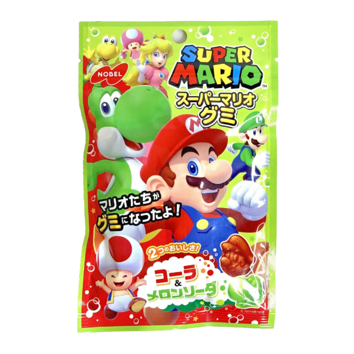 Front of Super Mario Gummies packaging featuring colourful characters, Cola & Melon Soda flavour label, and 50g size
