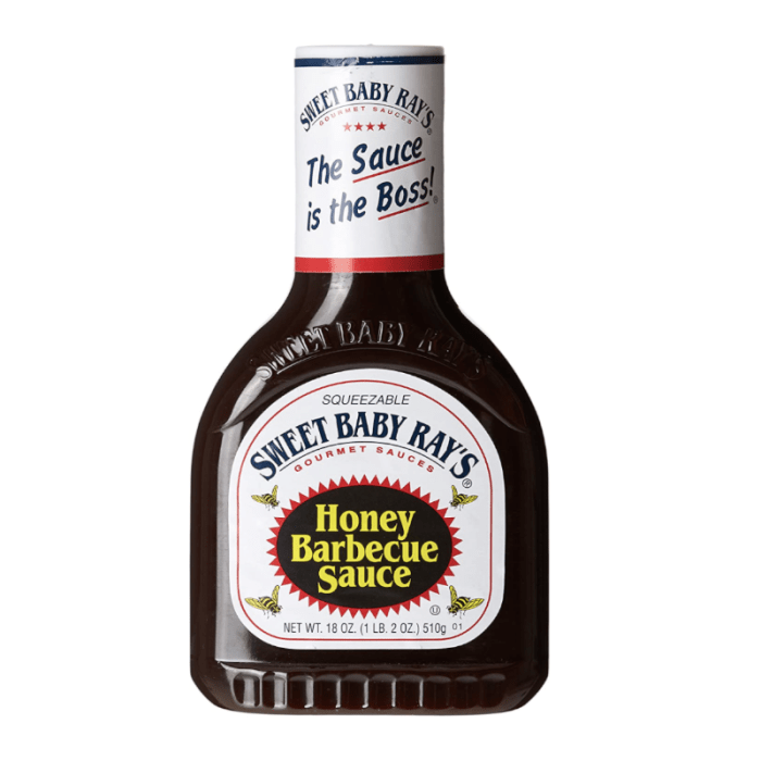 Front of Sweet Baby Ray's Honey BBQ Sauce bottle showing the logo, honey barbecue label, and squeezable design (510g pack)