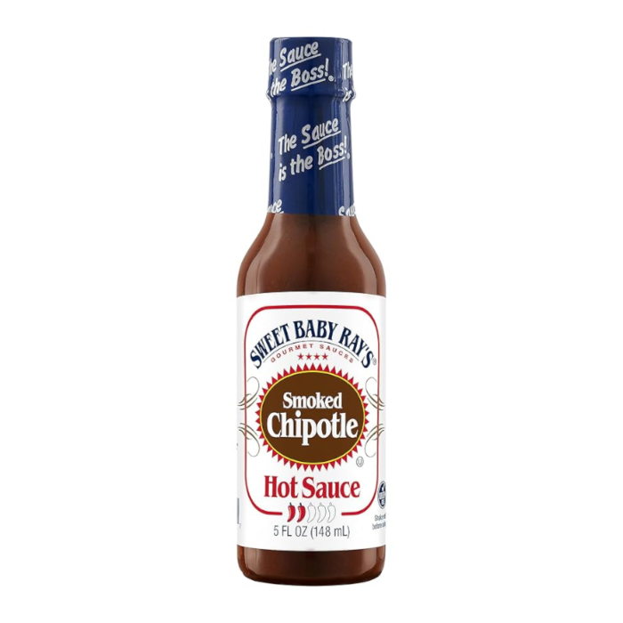 Front of Sweet Baby Ray's Smoked Chipotle Hot Sauce bottle displaying the logo, chipotle flavour label, and 148ml size