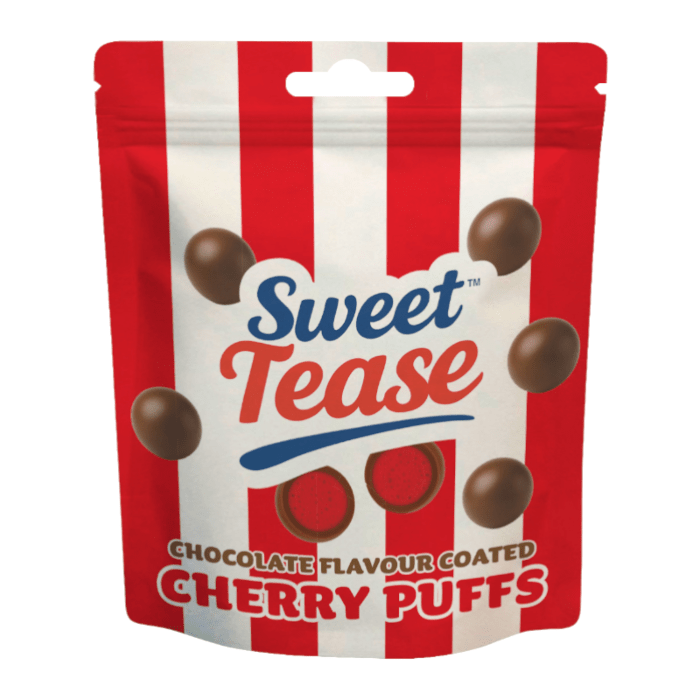 Front of Sweet Tease Cherry Puffs bag showing vibrant logo and design, featuring chocolate flavour coated cherry puffs (80g pack)