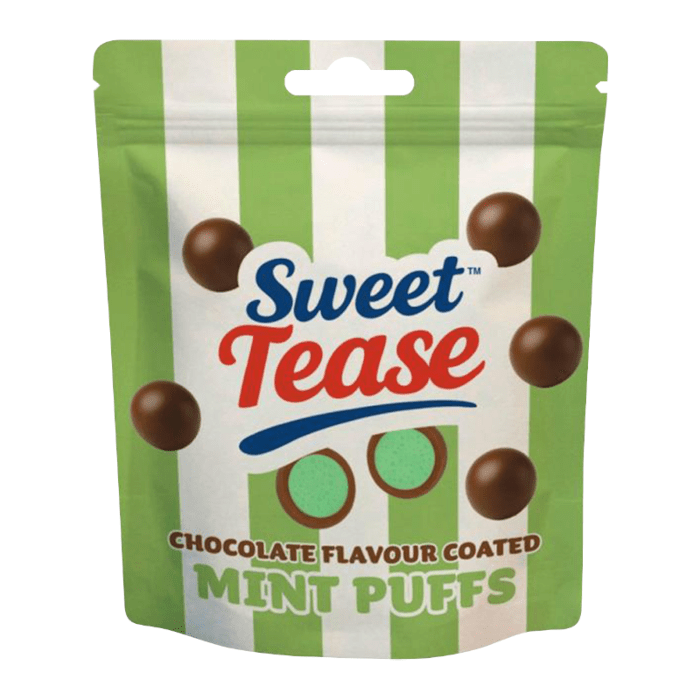 Front of Sweet Tease Mint Puffs bag featuring the brand logo, chocolate flavour coated mint puffs design, and 80g pack size.
