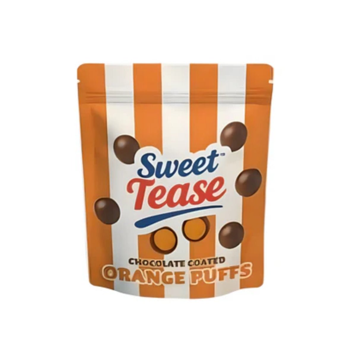Front of Sweet Tease Orange Puffs bag showing vibrant orange stripes, logo, and chocolate-coated orange puffs (80g pack)