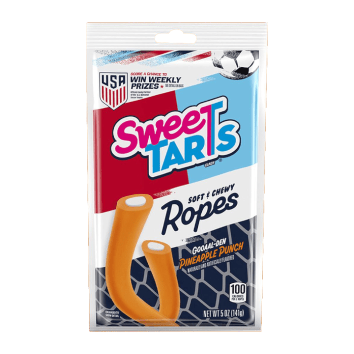 Front of a Sweetarts Ropes bag featuring the logo, Gooaal-Den Pineapple Punch flavour, and soft chewy ropes (255g pack)