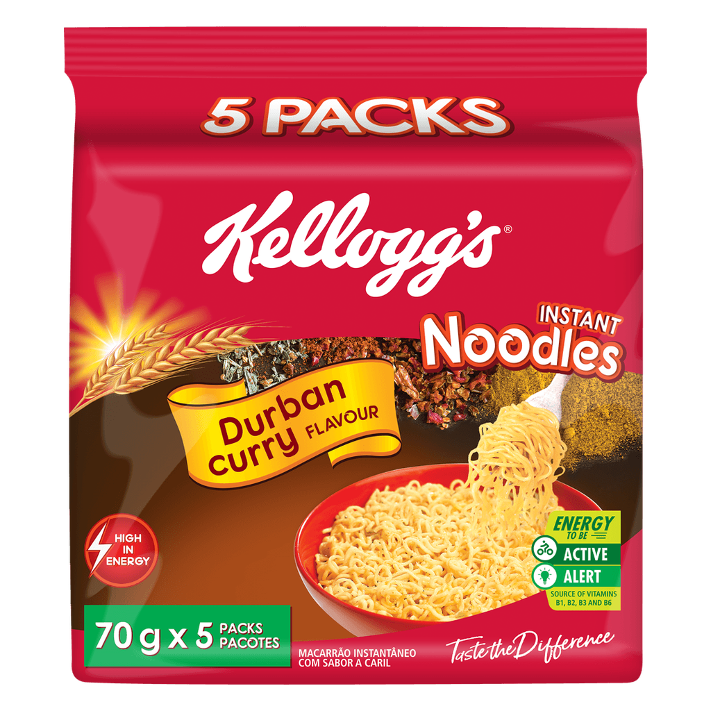 Front of Kellogg's Durban Curry Instant Noodles pack showing logo, curry flavour label, and image of noodles (70g x 5 pack)
