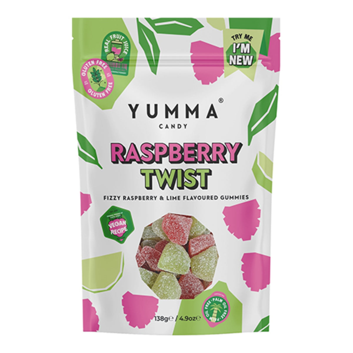 Front of Yumma Candy Raspberry Gummies bag featuring vibrant pink and green design, with raspberry flavour prominently displayed (138g pack)