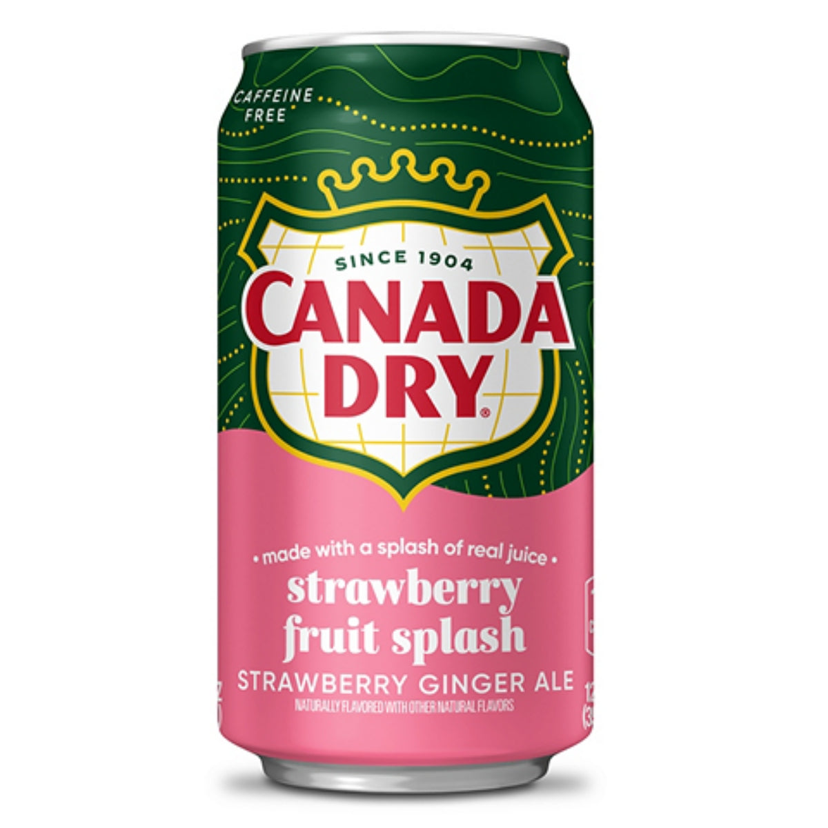 Front of Canada Dry Strawberry Fruit Splash can showcasing the brand logo, strawberry flavour label, and vibrant pink design (355ml pack)