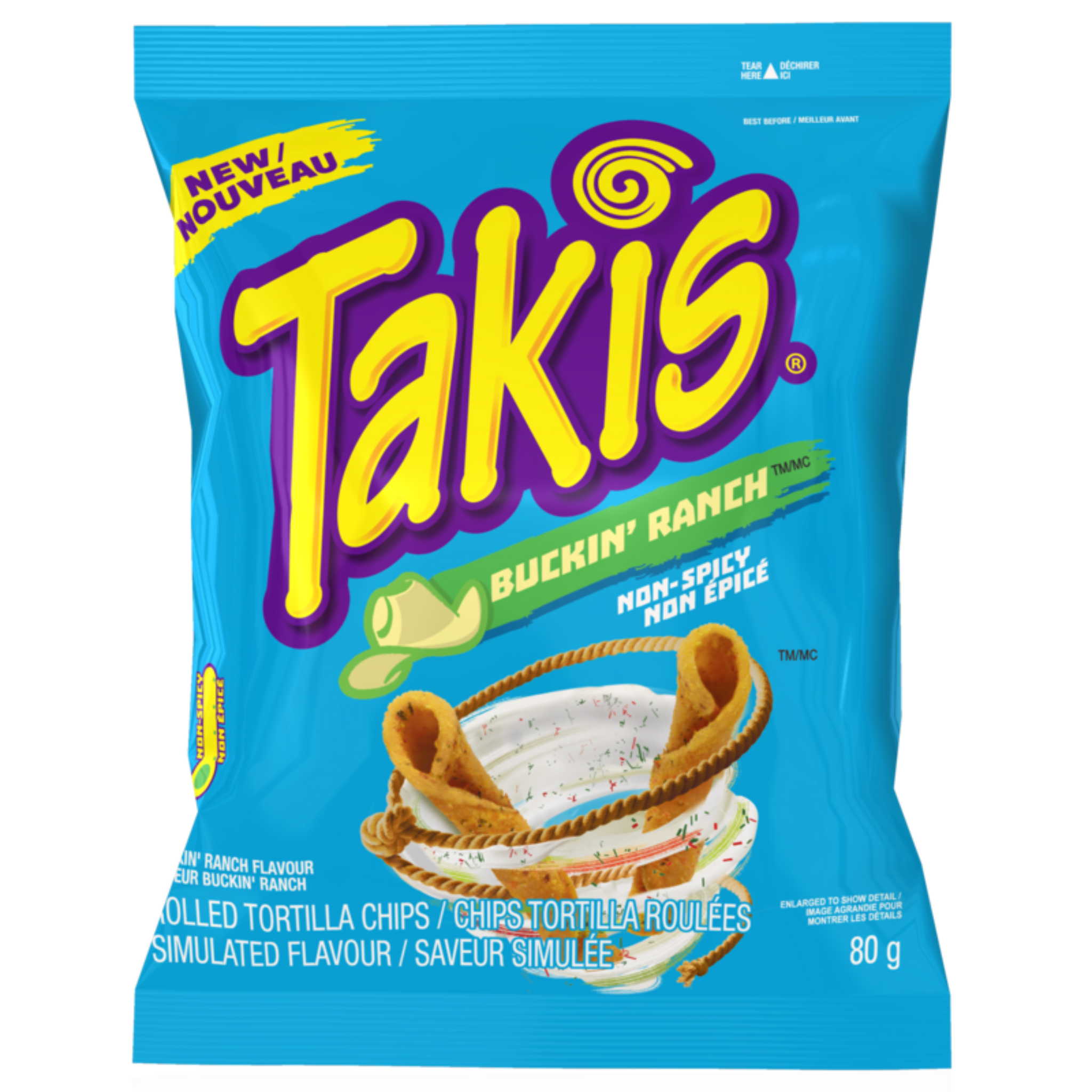 Front of Takis Buckin Ranch Rolled Tortilla Corn Chips bag showing logo, bold ranch flavour label, and playful design (80g pack)
