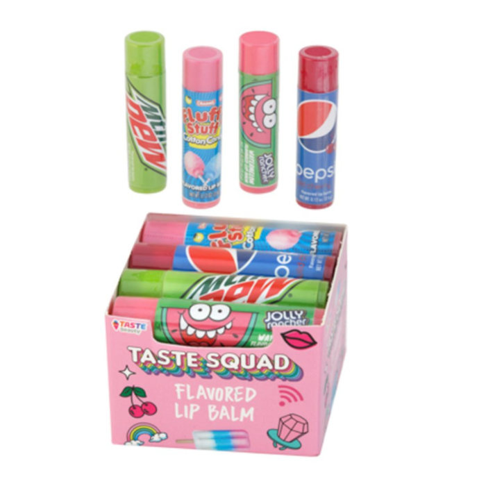 Front of Taste Squad Lip Balm Fluffy Stuff Cotton Candy packaging featuring logo and colourful design
