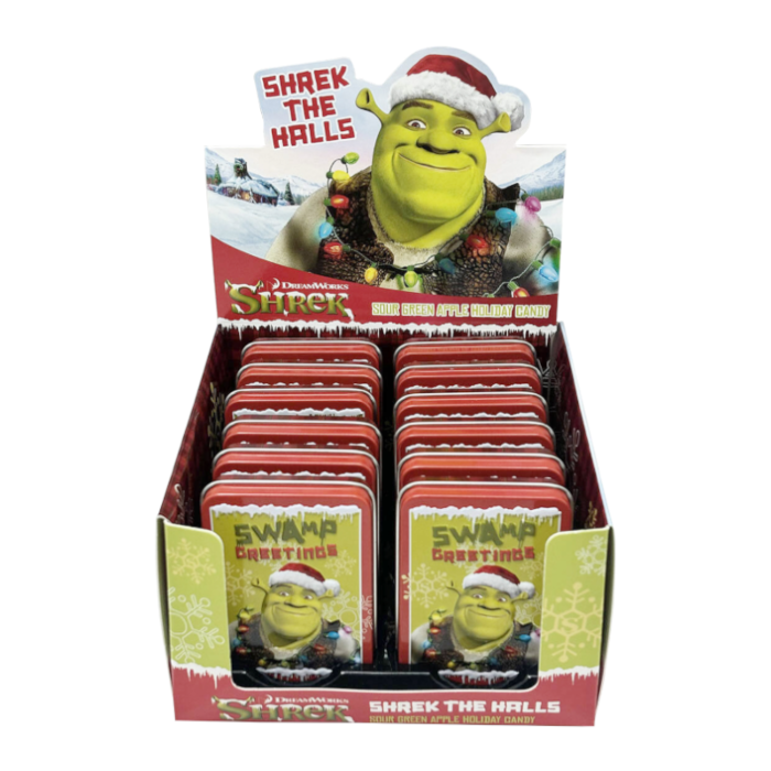 Front of Shrek the Halls Christmas Tin showing sour green apple candy and festive design featuring Shrek (42g)