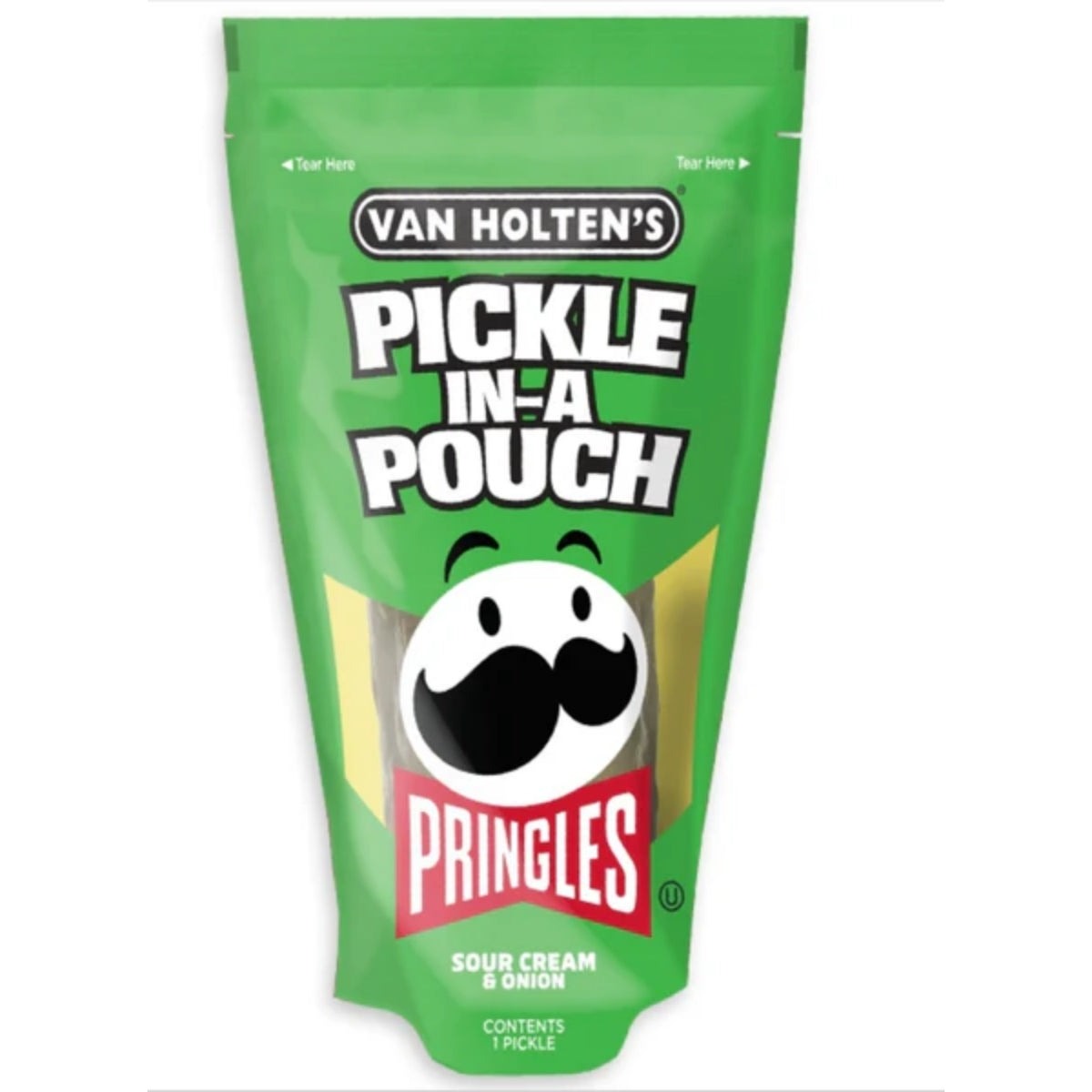 Front of Van Holten's x Pringles Pickle In-A-Pouch Sour Cream & Onion showing logo, green pouch design, and contents (306g)