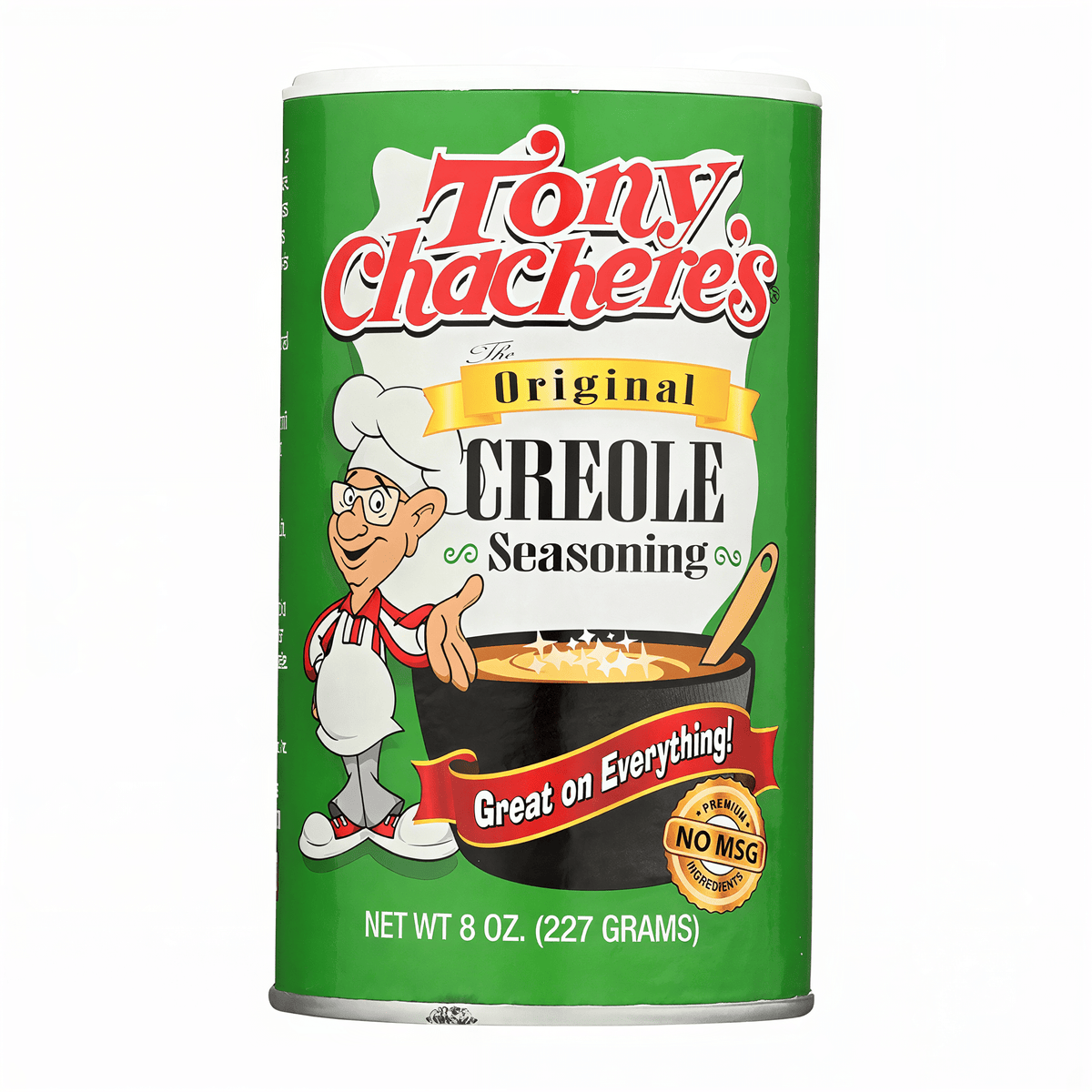 Front of Tony Chachere's Original Creole Seasoning container showing vibrant green label with logo and chef character (227g pack)