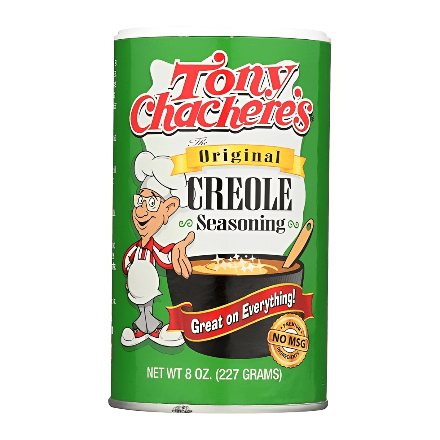 Front of Tony Chachere's Original Creole Seasoning container showing vibrant green label with logo and chef character (227g pack)