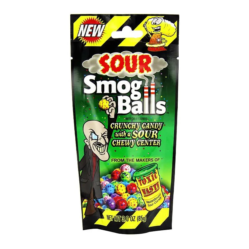 Front of Toxic Waste Sour Smog Balls bag featuring vibrant colours, logo, and colourful candy balls (85g pack)