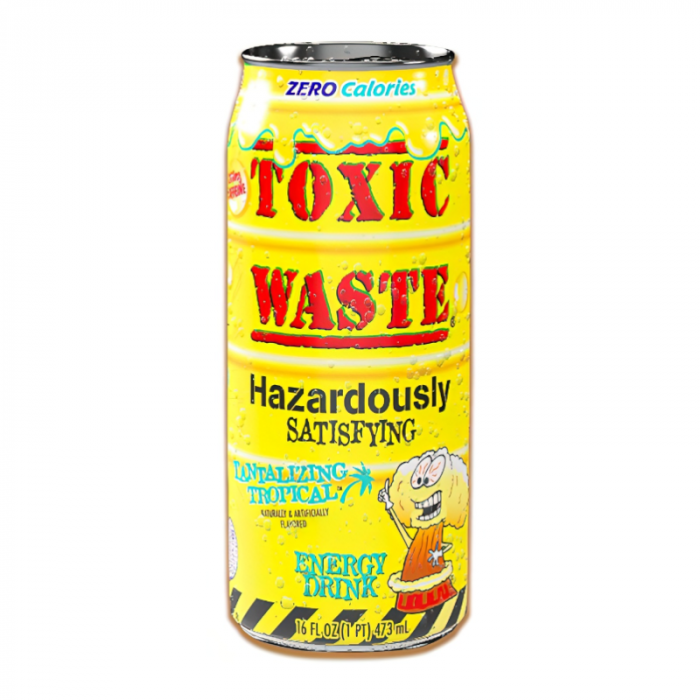 Front of Toxic Waste Tantalizing Sour Tropical Energy Drink can displaying bold logo, vibrant yellow colour, and details including 473ml size