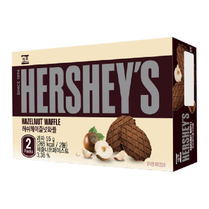 Front of Hershey's Hazelnut Waffle box featuring hazelnut design and crispy waffle graphics, 55g pack