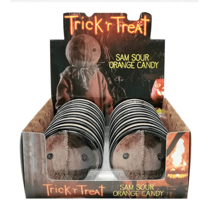 Front of Trick'r'Treat Sam Sour Orange Candy Tin showing bright orange label, logo, and fun candy design (42g)