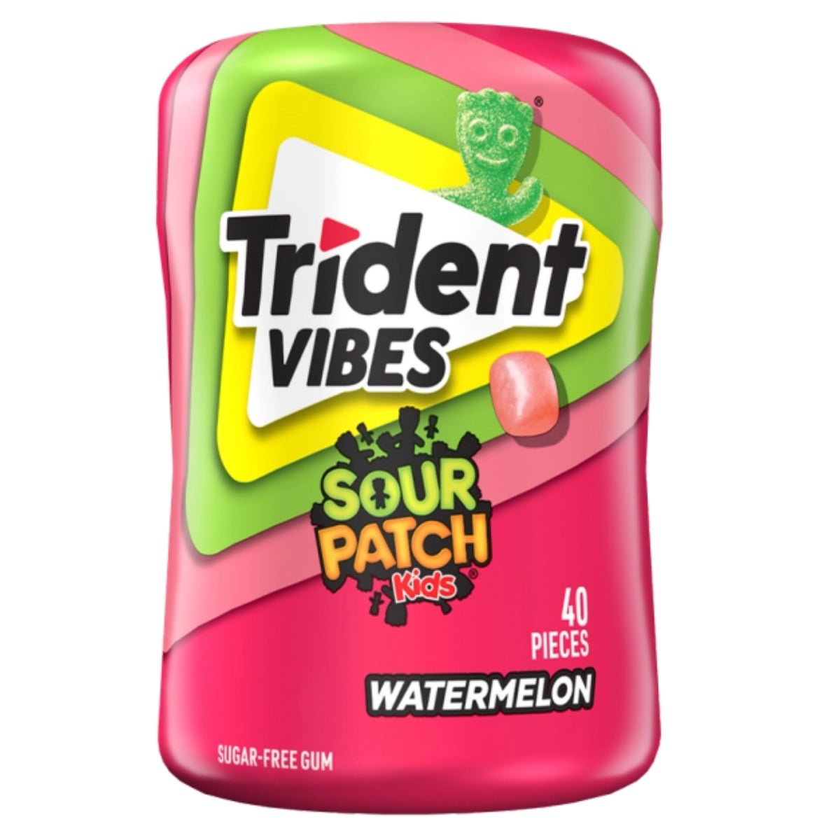 Front of Trident Vibes Sour Patch Kids Watermelon pack showcasing vibrant design, logo, watermelon flavour, and 40 pieces (115g)