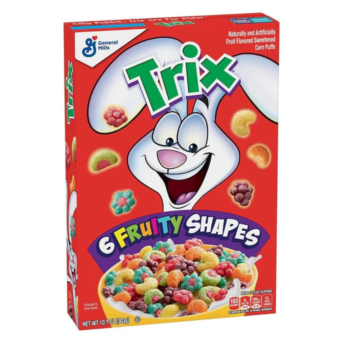 Front of Trix Cereal box featuring a cheerful rabbit, vibrant fruity shapes, and bold logo (303g pack)