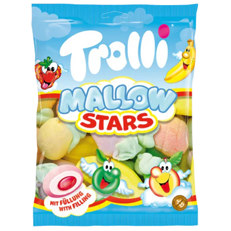 Front of Trolli Marshmallow Stars packet featuring vibrant colours, star-shaped marshmallows, and logo (150g pack)
