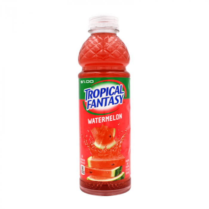 Front of a Tropical Fantasy Watermelon bottle showing bright label, watermelon splash imagery, and 591ml size.