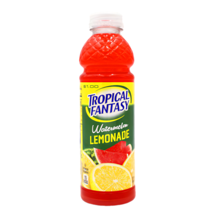 Front of Tropical Fantasy Watermelon Lemonade bottle showing bright logo, watermelon and lemon graphics, with 591ml label