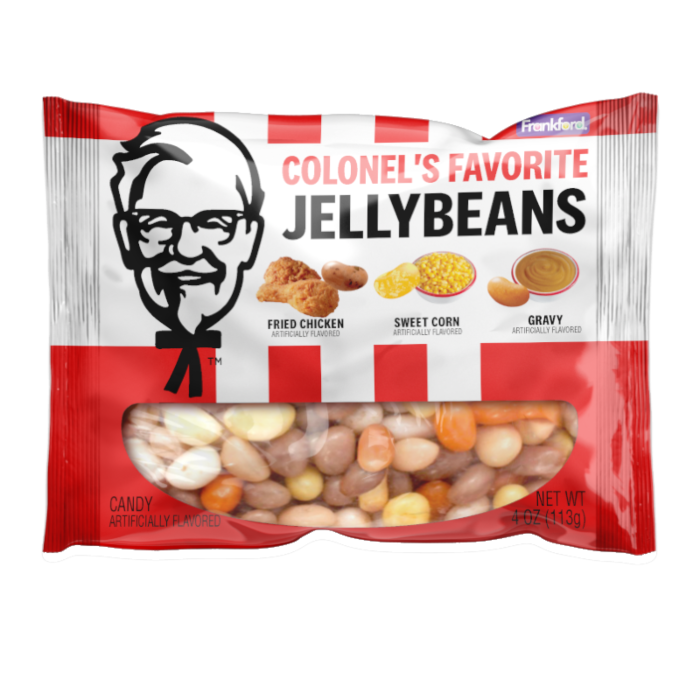Front of KFC Colonel's Favourite Jelly Beans pack showing the logo, colourful jelly beans, and flavours like Fried Chicken, Sweet Corn, and Gravy (113g)