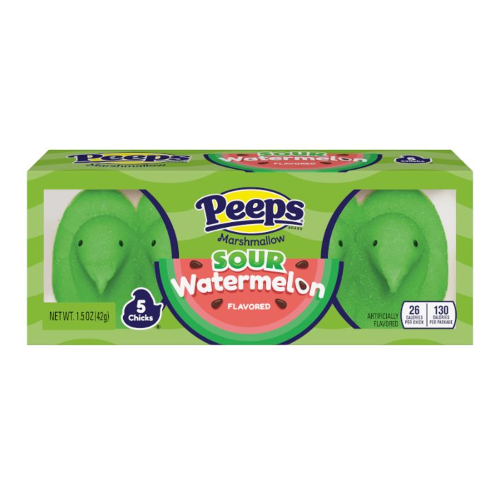 Front of Peeps Sour Watermelon Chicks box showing green marshmallow chicks, sour watermelon flavour label, and pack size (42g)