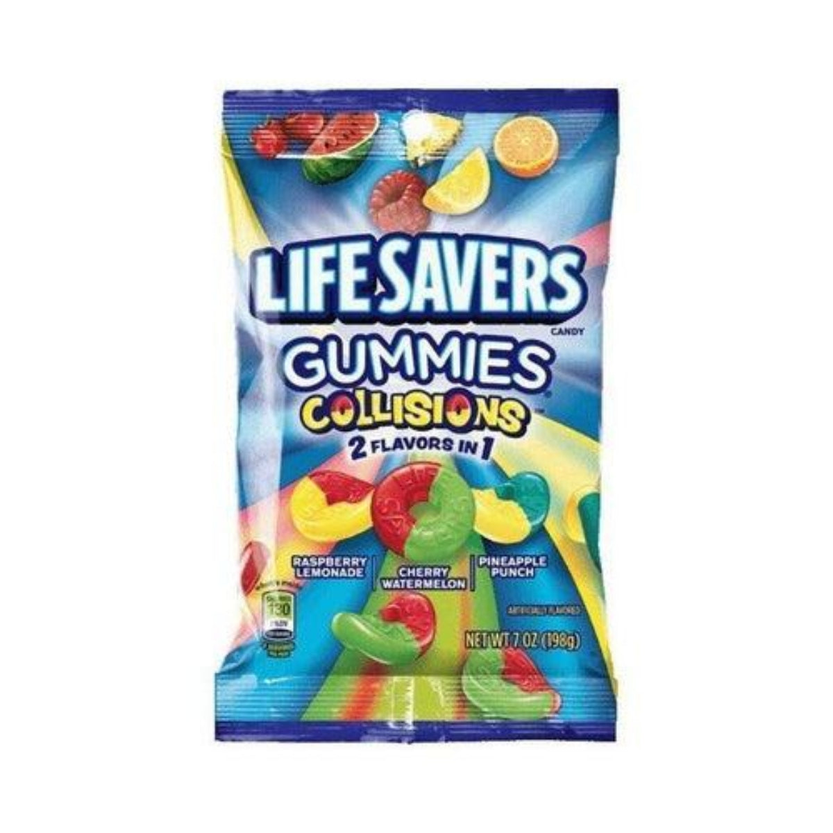 Front of Life Savers Gummies Collision bag with vibrant colours and shapes, featuring Raspberry Lemonade and Cherry Watermelon flavours (198g pack)