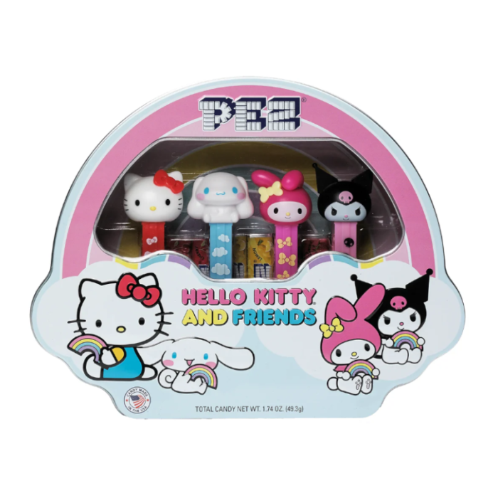 Front of PEZ Hello Kitty Collectors Gift Tin displaying characters Hello Kitty and friends, with a net weight of 1.74 oz (49.3g) of candy.