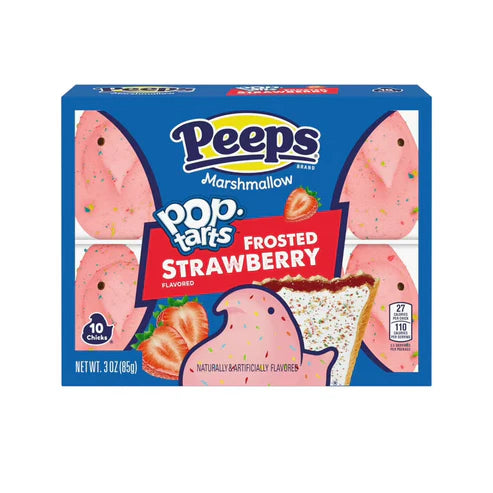 Front of a Peeps Frosted Strawberry Poptart Chicks box showing cute chick-shaped Poptarts, the logo, and strawberry flavour details (85g pack)