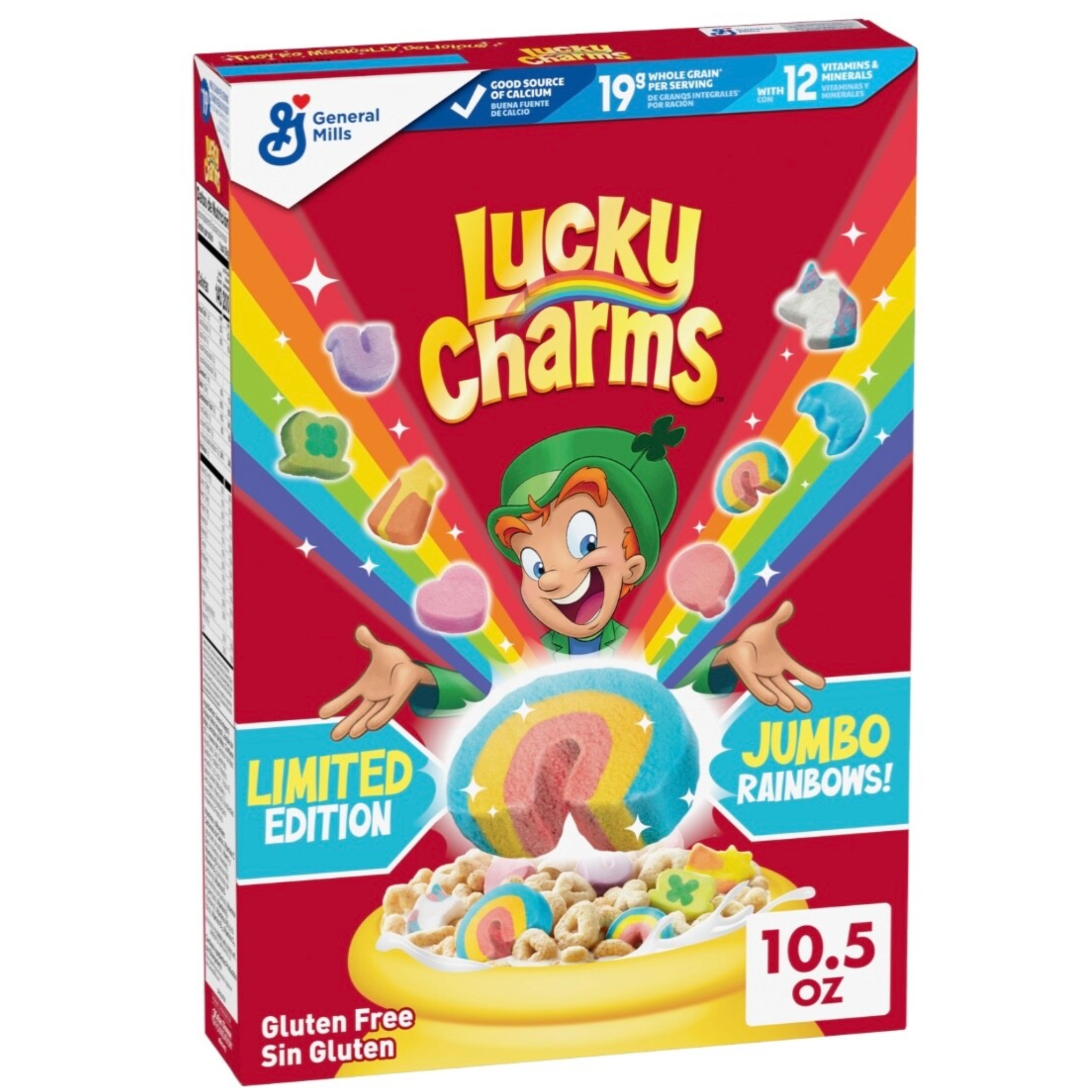 Front of Lucky Charms Jumbo Marshmallows Cereal box showing colourful logo, jumbo marshmallow imagery, and 300g pack size