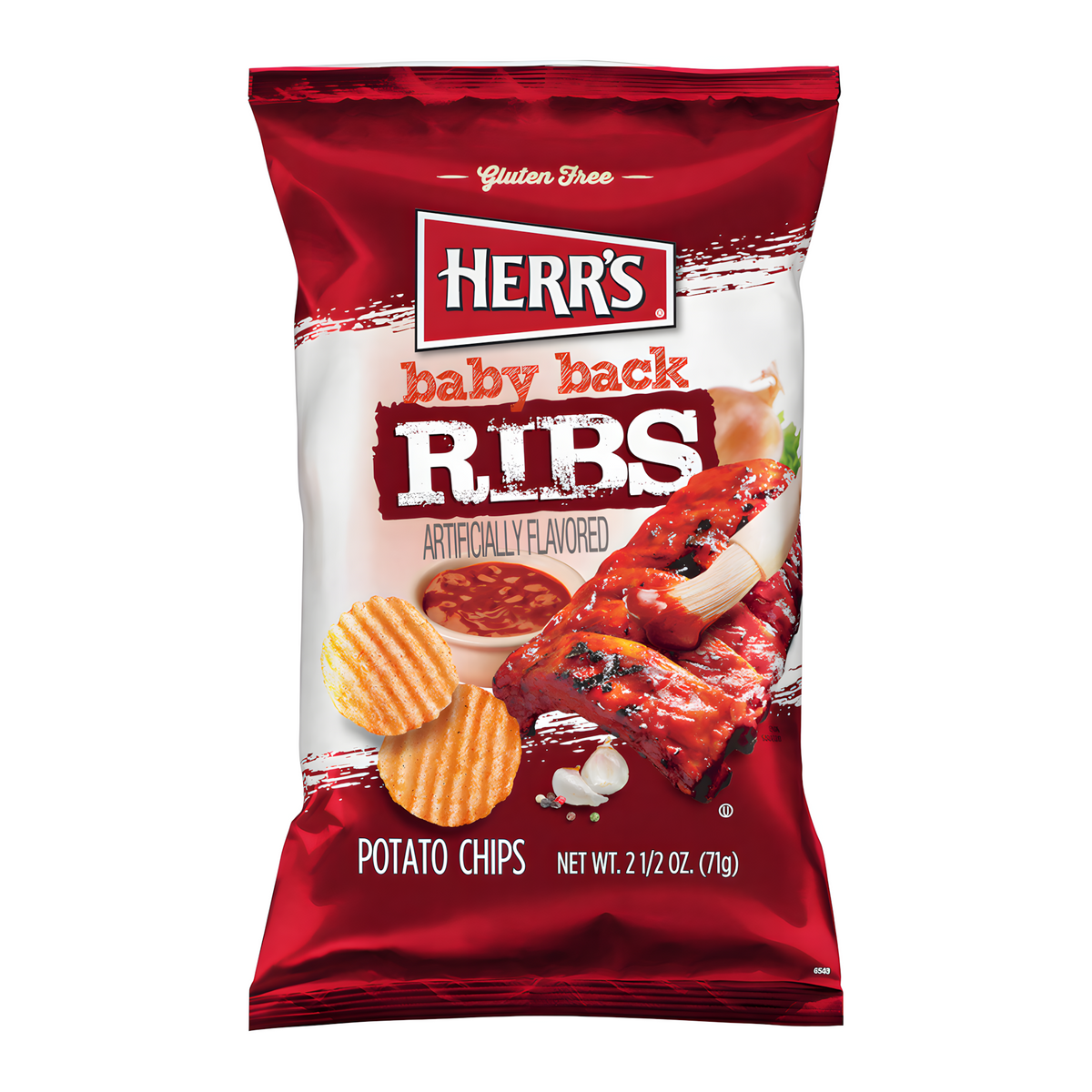 Front of Herr's Baby Back Ribs Barbecue Crisps bag showing bold red logo, baby back ribs image, and crispy potato chips (71g pack)