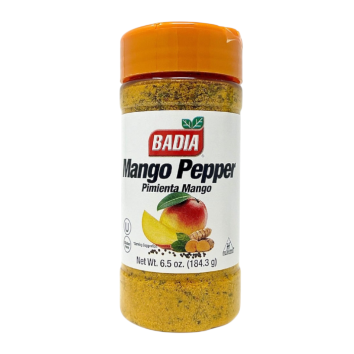Front of Badia Mango Pepper Seasoning jar showing brand logo, mango design, and label details (184.3g pack)