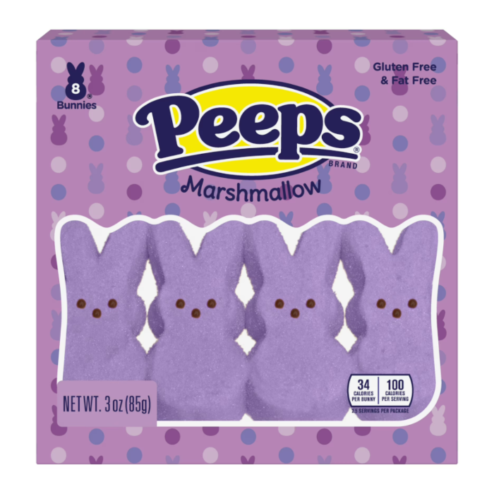 Front of Peeps Lavender Marshmallow Bunnies box showing the brand logo, eight lavender marshmallow bunnies, and pack size (85g)