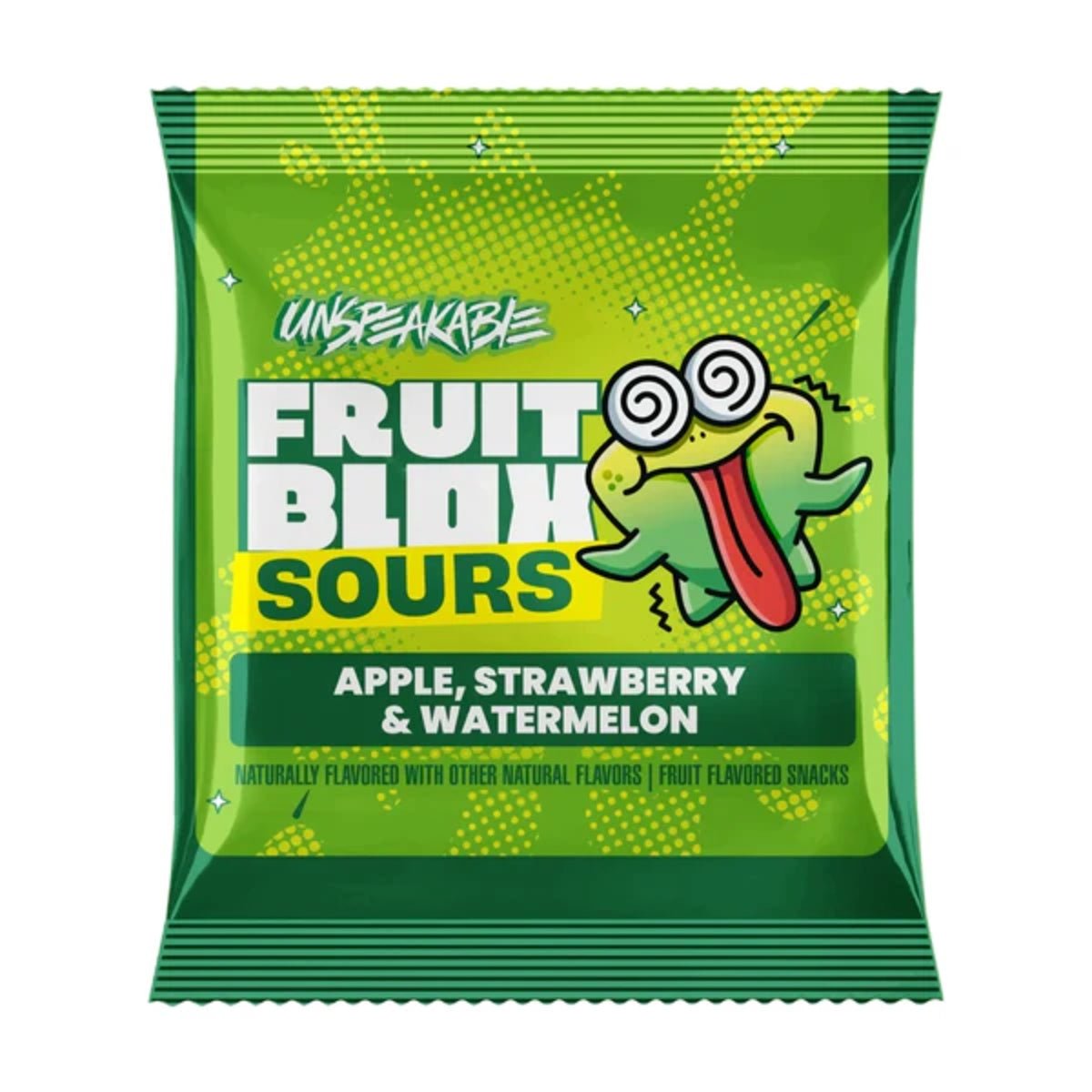 Front of Unspeakable FruitBlox Sours Gummies pack featuring vibrant green design with logo, apple, strawberry, and watermelon flavours (20g)
