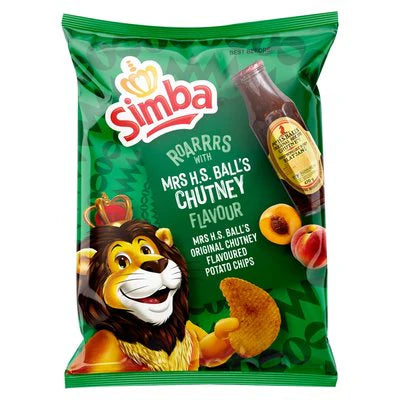 Front of Simba Potato Chips Mrs H bag featuring vibrant packaging with Mrs H.S. Ball's chutney flavour and lion mascot