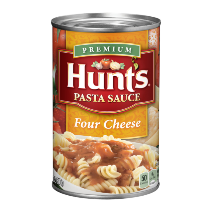 Front of Hunts Pasta Sauce Four Cheese can showing logo, rich pasta sauce in a bowl, and pasta on the label (680g)
