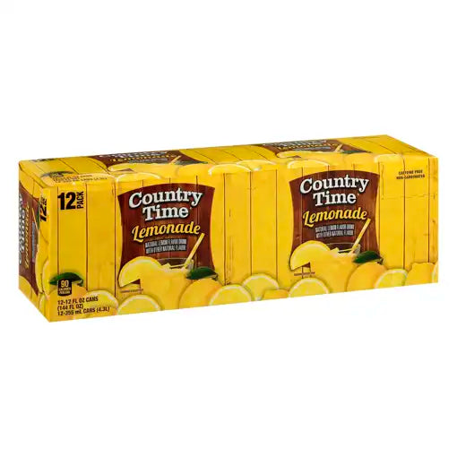 Front of Country Time Lemonade case showing logo, flavour details, and pack size (12 x 355ml)